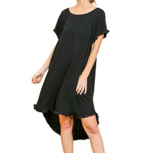 Umgee Fringe High Low Pocket Shift Dress Women's Small Black Linen Blend